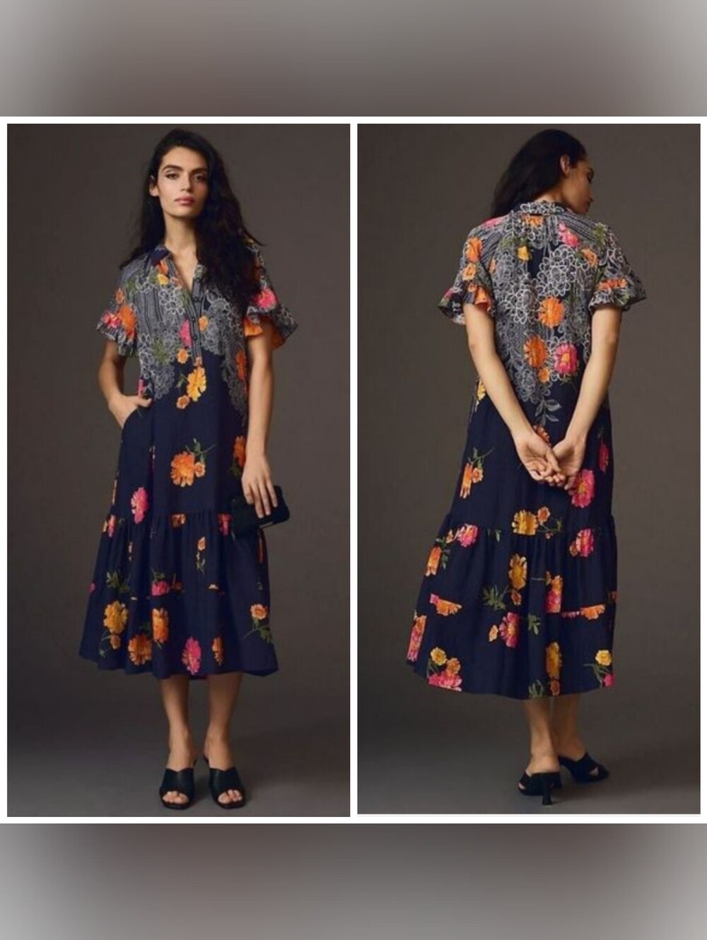 By Anthropologie Ruffle-Sleeve Dress Size 2X Floral Print Maxi Tiered Navy